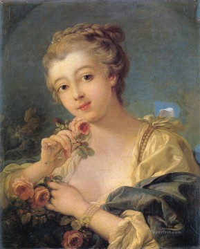 Mujer joven con un ramo de rosas Francois Boucher rococó clásico Pinturas al óleo